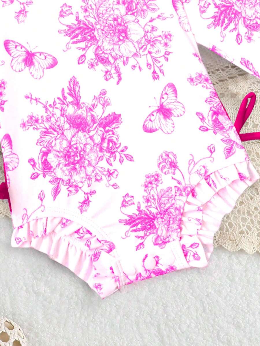 Baby Floral Print Ruffle Long Sleeve Swimsuit Set with Matching Swim Cap