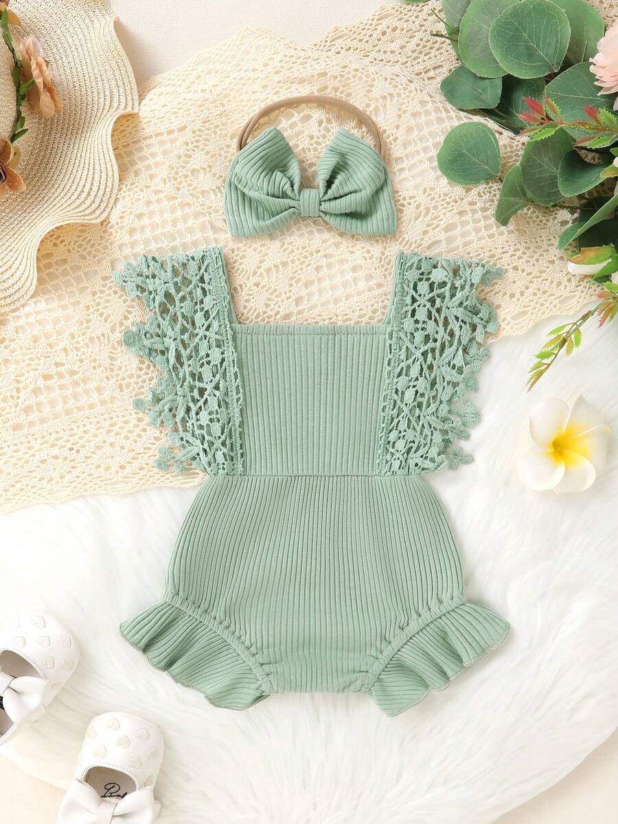Cute Baby Girl Solid Color Lace Bodysuit And Headband Matching Outfit Set