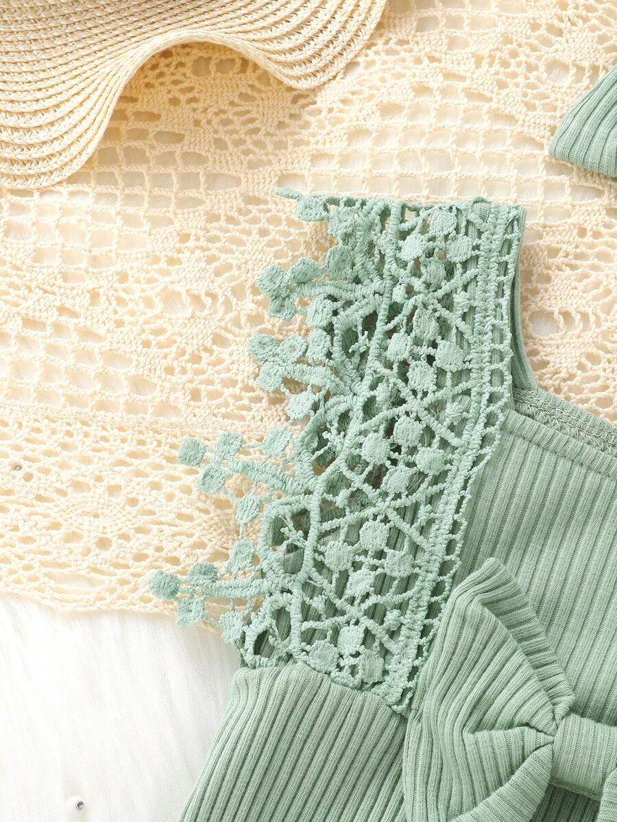 Cute Baby Girl Solid Color Lace Bodysuit And Headband Matching Outfit Set