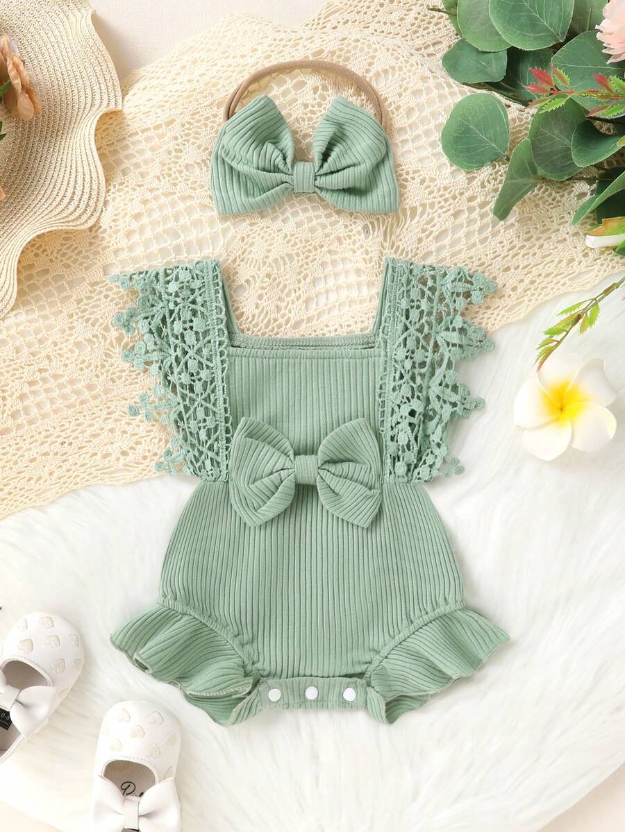 Cute Baby Girl Solid Color Lace Bodysuit And Headband Matching Outfit Set