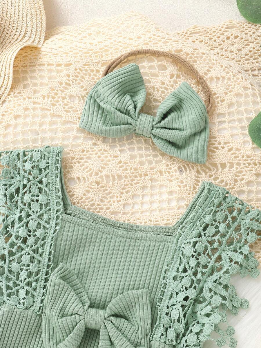 Cute Baby Girl Solid Color Lace Bodysuit And Headband Matching Outfit Set