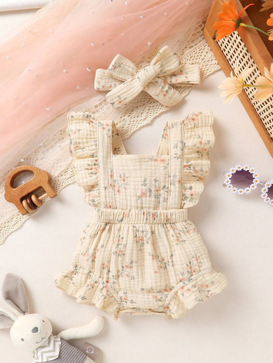 Baby Ruffle Trim Bodysuit Dress and Headband Set for Cute Daily Wear
