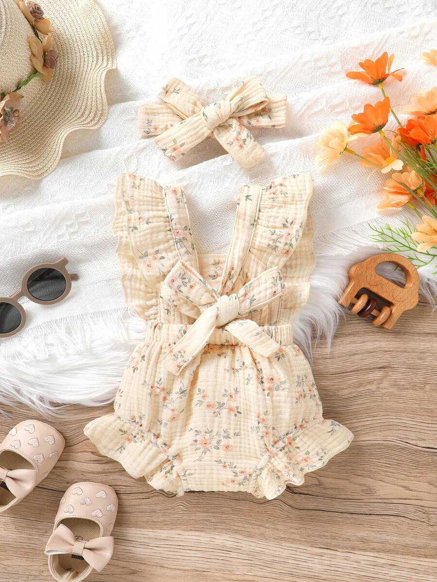 Baby Ruffle Trim Bodysuit Dress and Headband Set for Cute Daily Wear