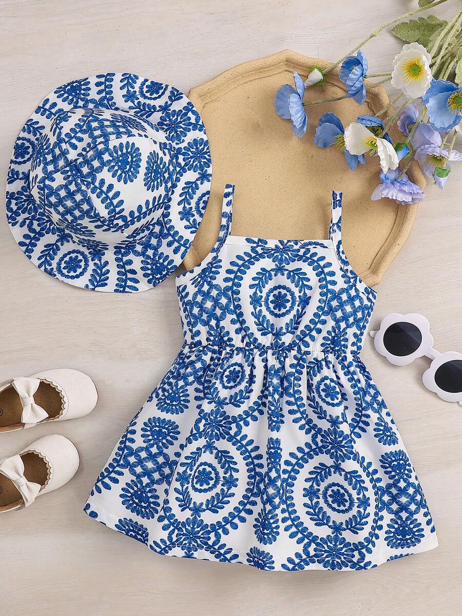 2pcs Baby Girl Floral Print Dress and Hat Set for Spring and Summer Wear