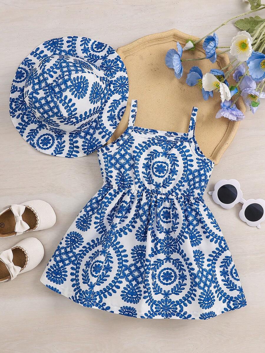 2pcs Baby Girl Floral Print Dress and Hat Set for Spring and Summer Wear