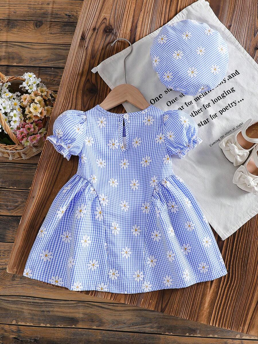 Baby Girls Cherry Plaid Dress And Beret Hat Set Cute Summer Vacation Outfit