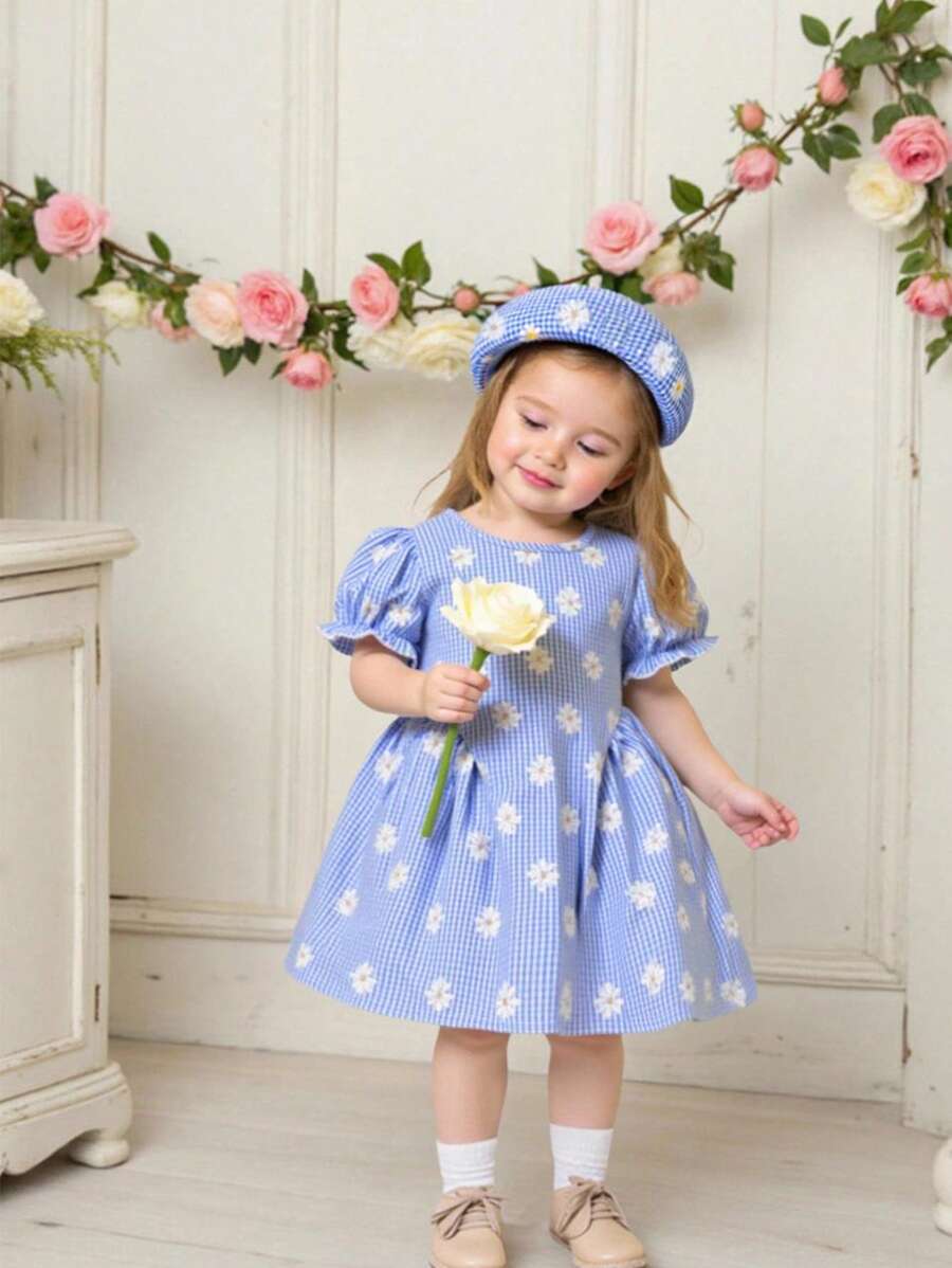 Baby Girls Cherry Plaid Dress And Beret Hat Set Cute Summer Vacation Outfit