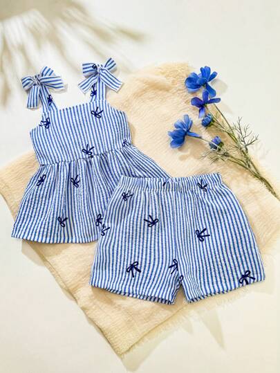 Cute Camisole And Shorts Set For Toddler Girls With Stripe Bow Detail