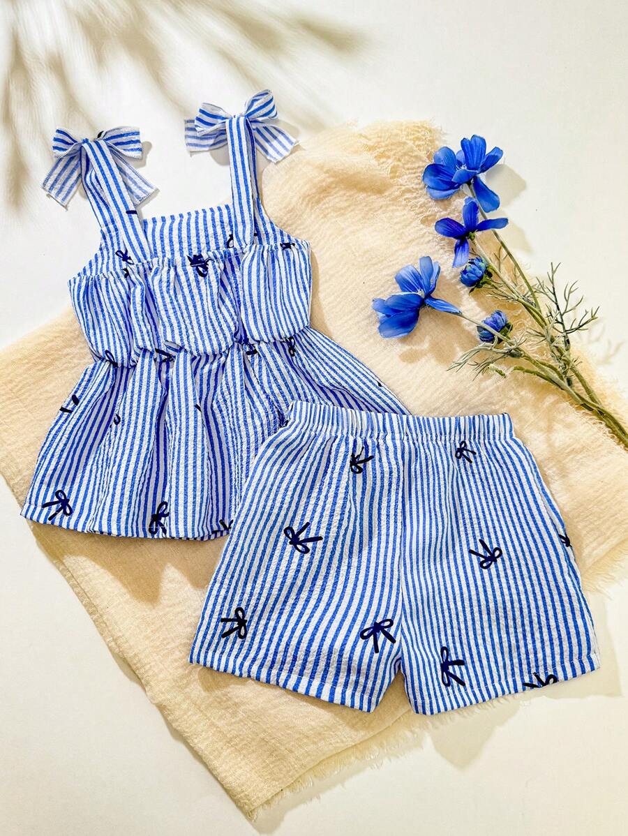 Cute Camisole And Shorts Set For Toddler Girls With Stripe Bow Detail