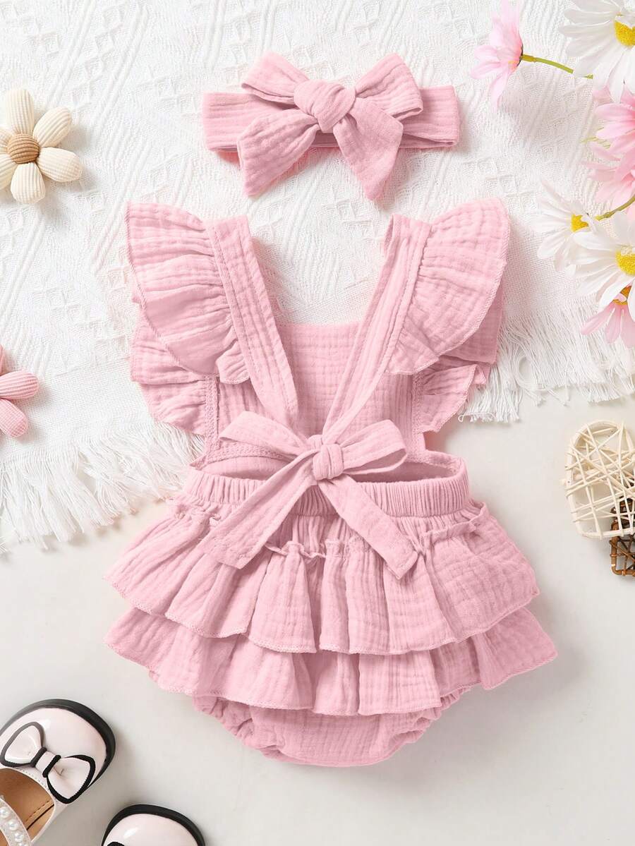 Baby Ruffle Trim Bodysuit Dress and Headband Set for Cute Daily Wear
