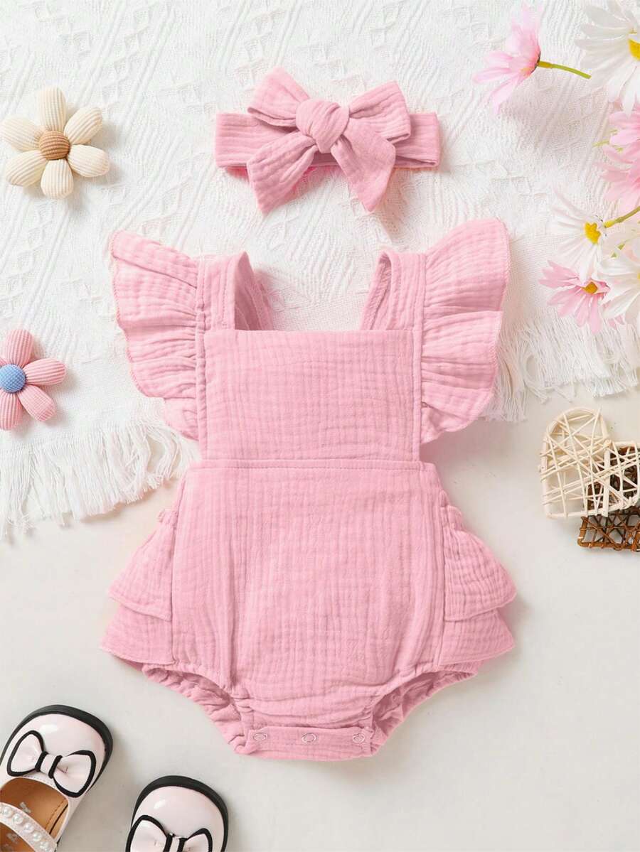 Baby Ruffle Trim Bodysuit Dress and Headband Set for Cute Daily Wear