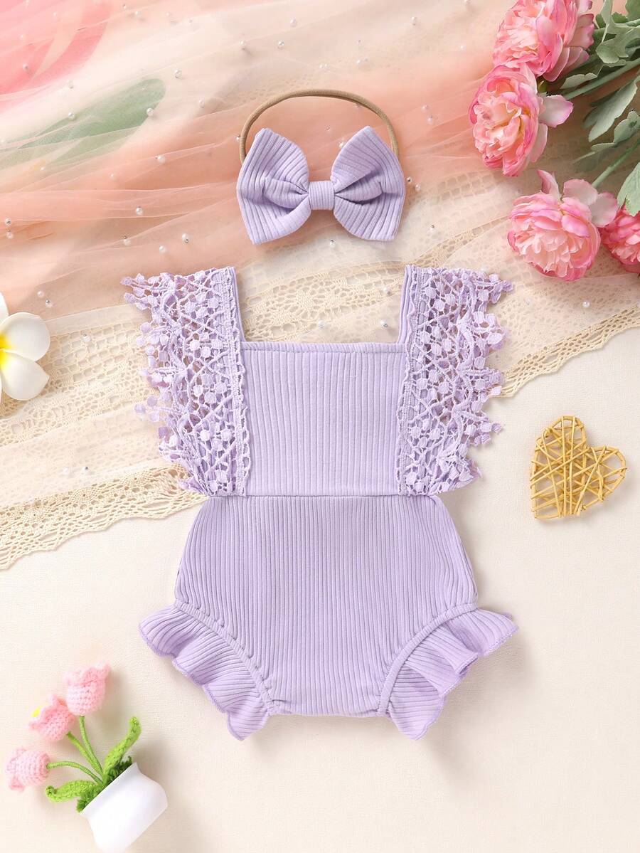 Cute Baby Girl Solid Color Lace Bodysuit And Headband Matching Outfit Set