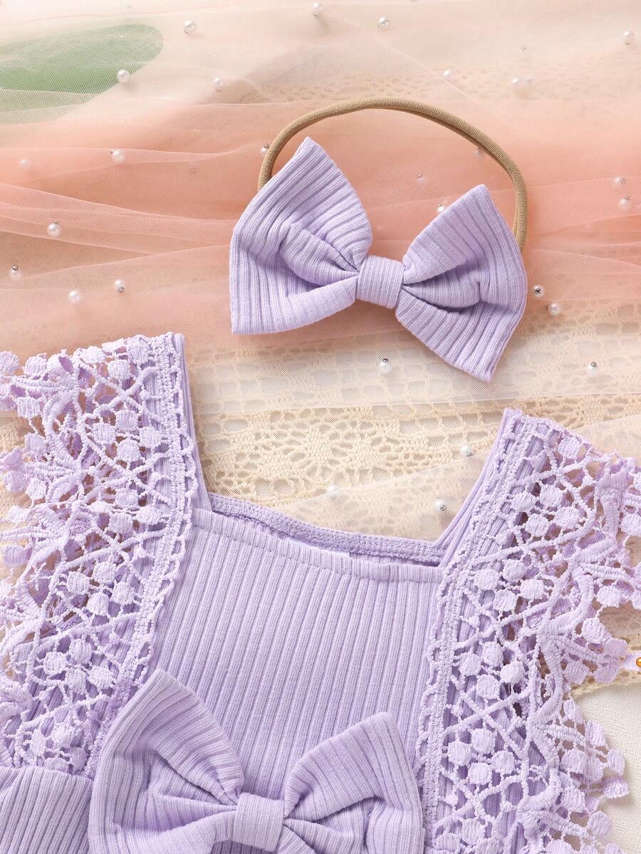 Cute Baby Girl Solid Color Lace Bodysuit And Headband Matching Outfit Set
