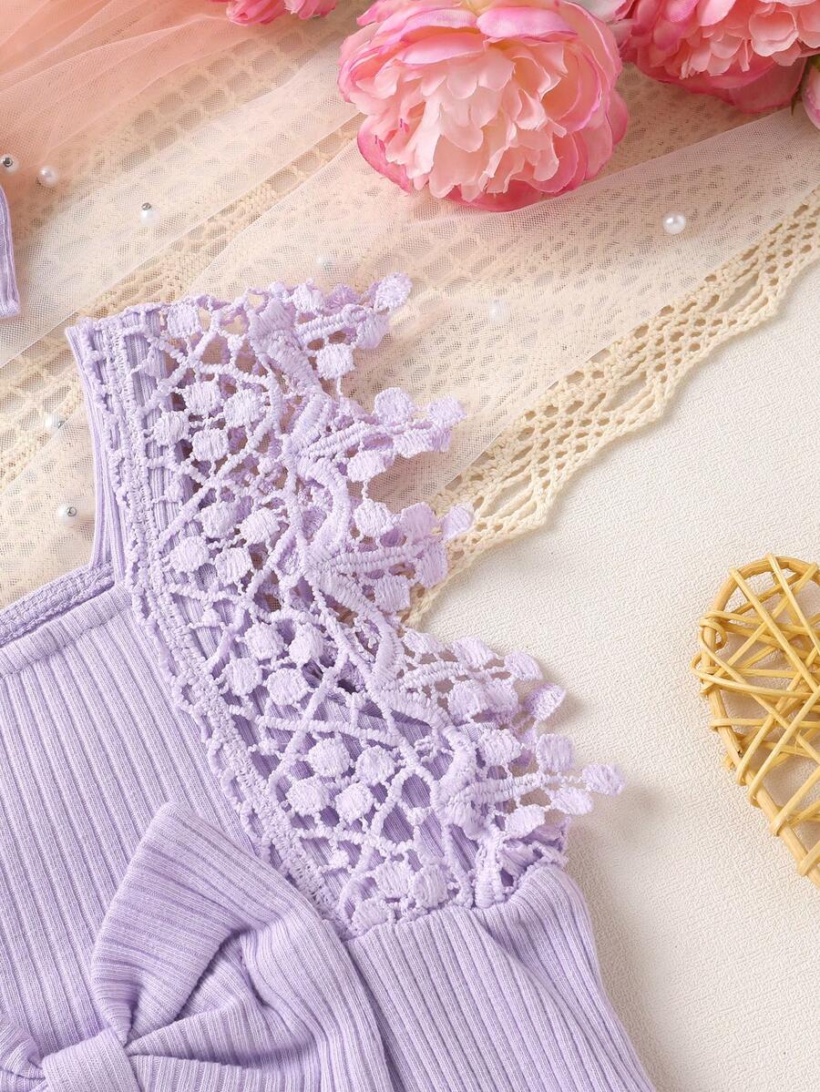 Cute Baby Girl Solid Color Lace Bodysuit And Headband Matching Outfit Set