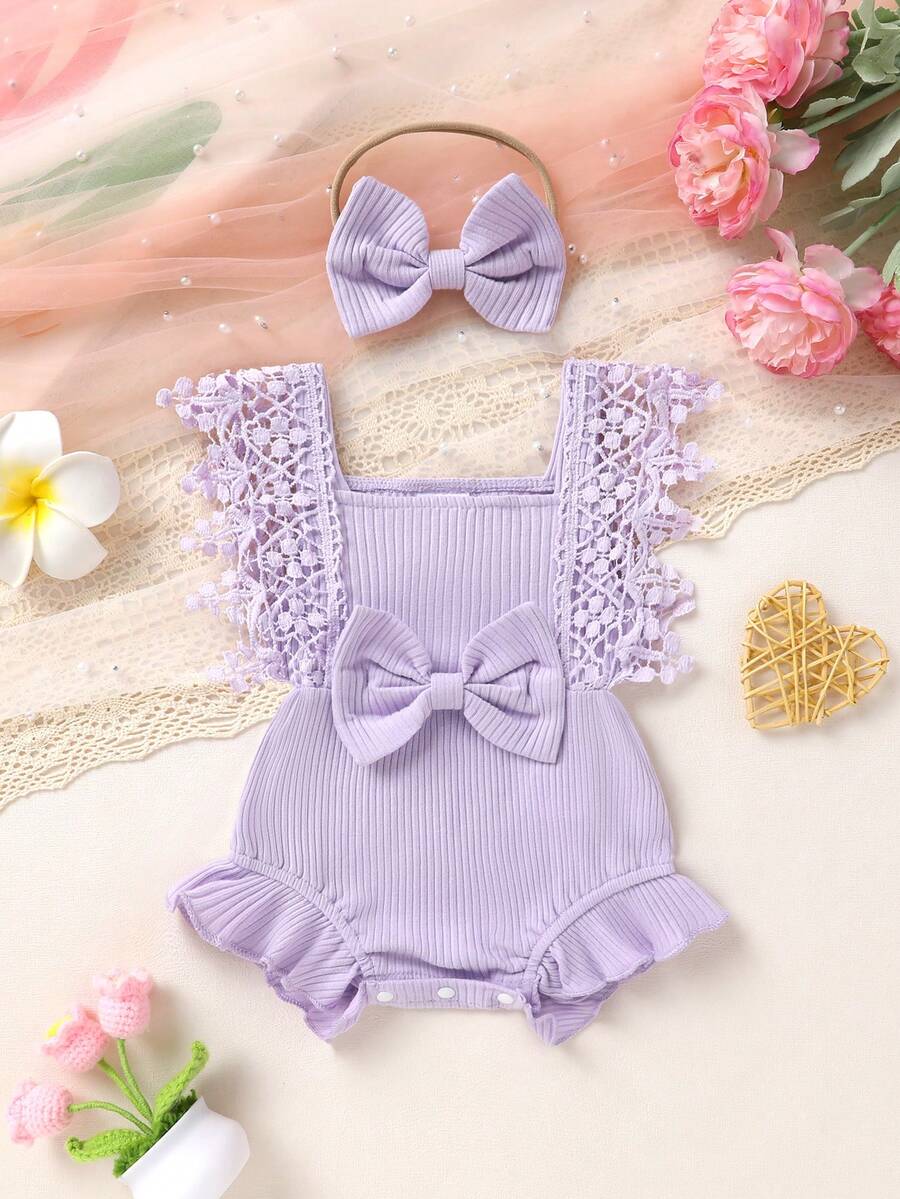 Cute Baby Girl Solid Color Lace Bodysuit And Headband Matching Outfit Set