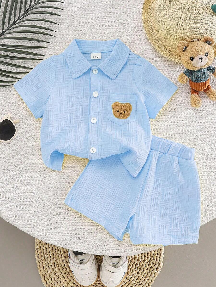 2-Piece Baby Boy Textured Bear Embroidery Shirt and Shorts Set