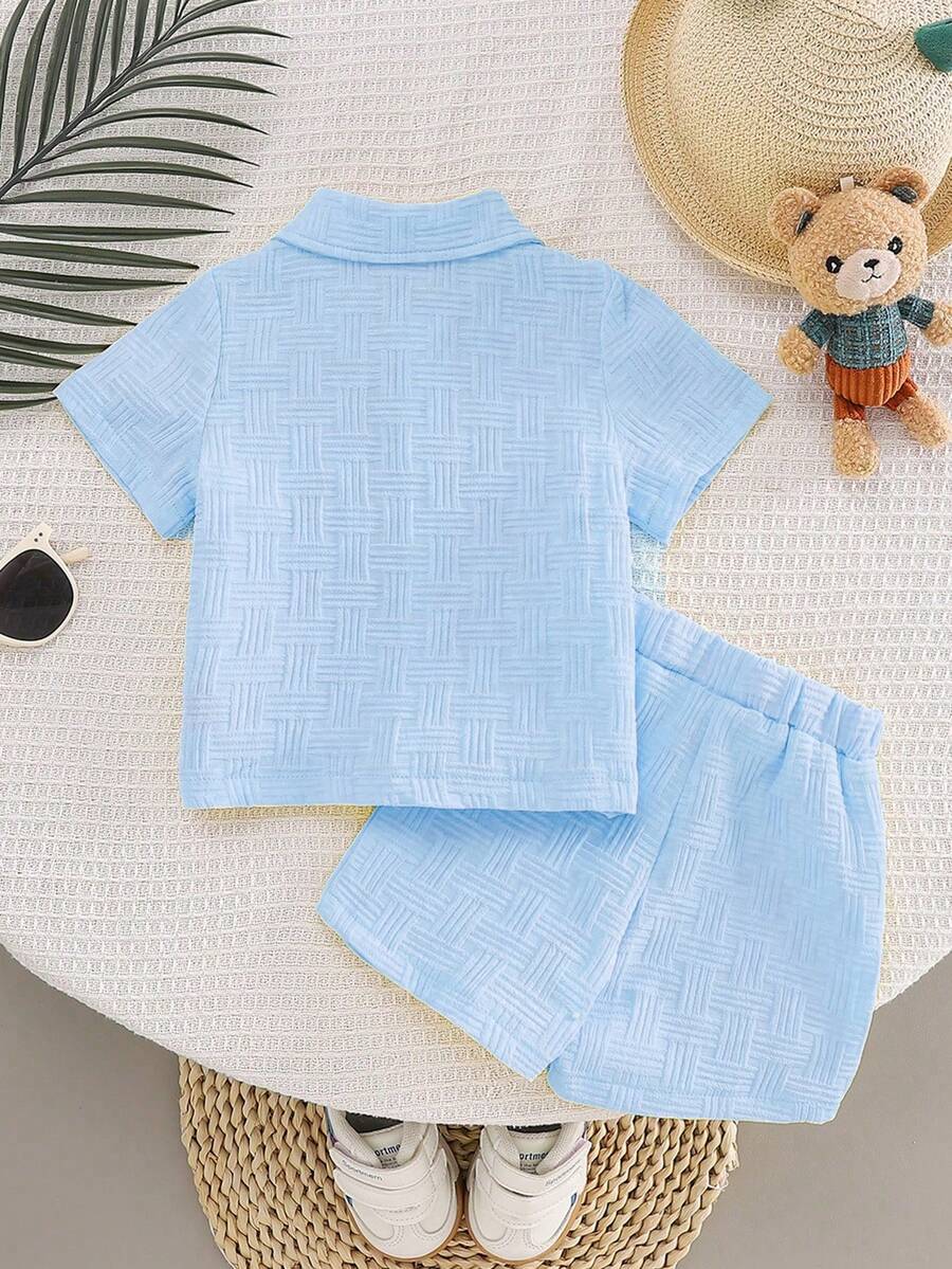 2-Piece Baby Boy Textured Bear Embroidery Shirt and Shorts Set