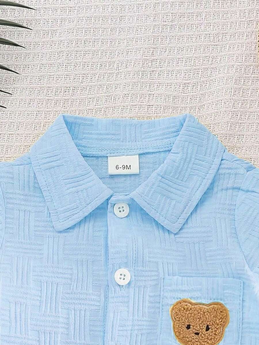 2-Piece Baby Boy Textured Bear Embroidery Shirt and Shorts Set