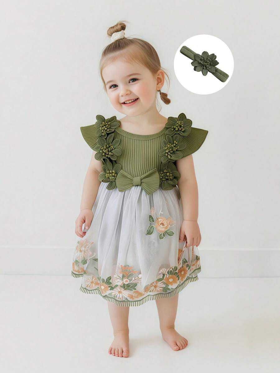 Mesh Tulle Flower Embroidered Dress Romper with Headband for Baby Girls