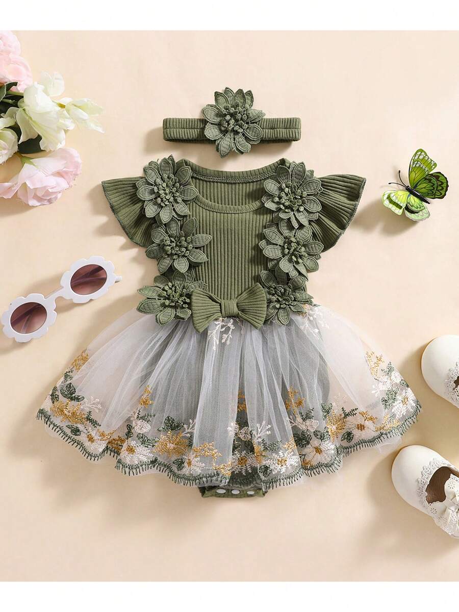 Mesh Tulle Flower Embroidered Dress Romper with Headband for Baby Girls