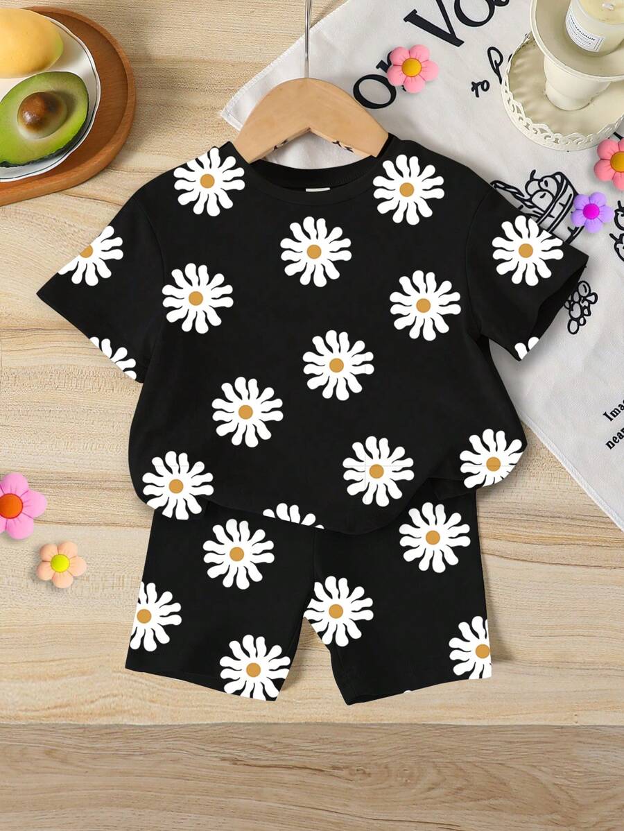 Lemon Fruit & Letter Print Short Sleeve Top and Shorts Set for Baby Girls