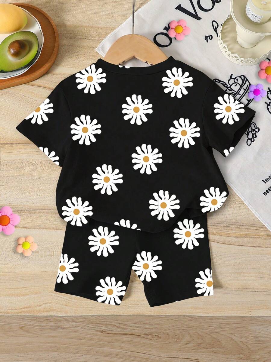 Lemon Fruit & Letter Print Short Sleeve Top and Shorts Set for Baby Girls