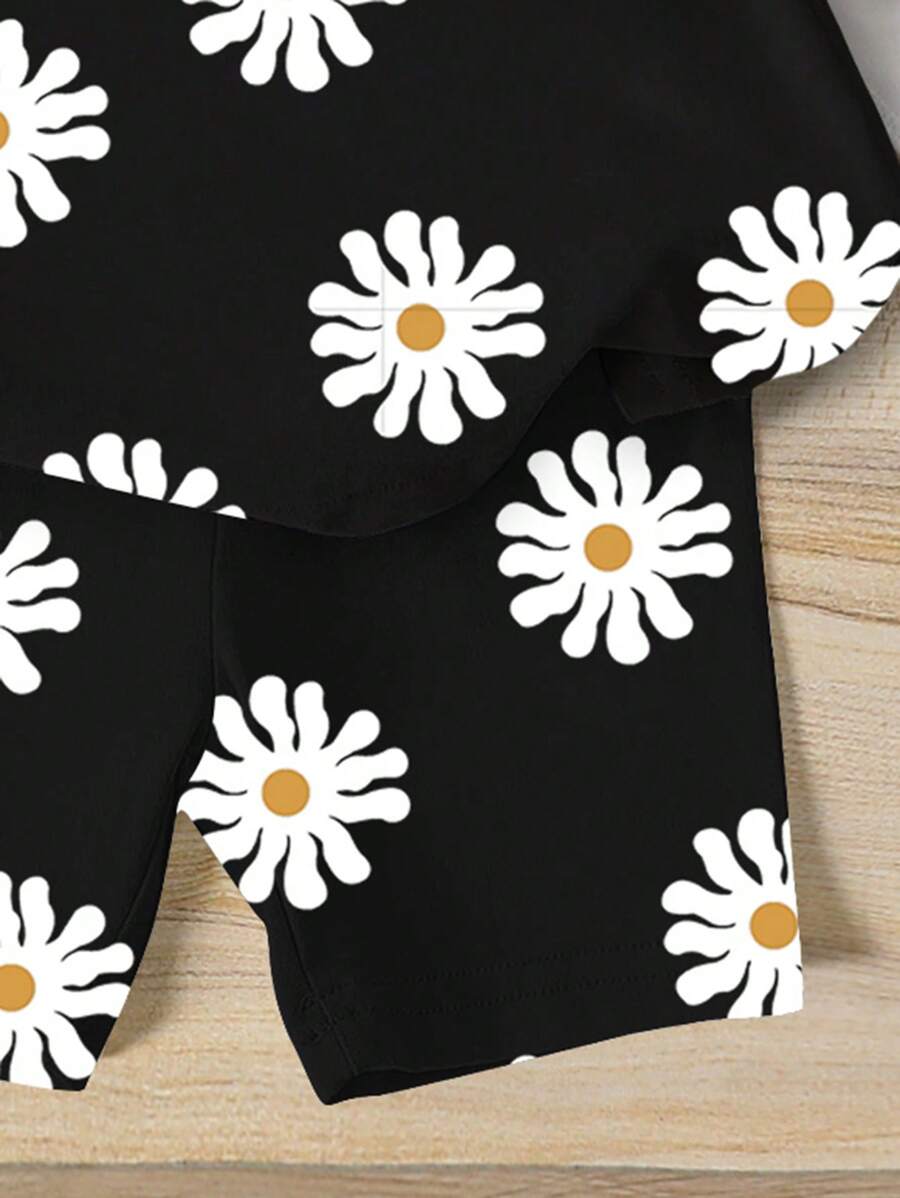 Lemon Fruit & Letter Print Short Sleeve Top and Shorts Set for Baby Girls