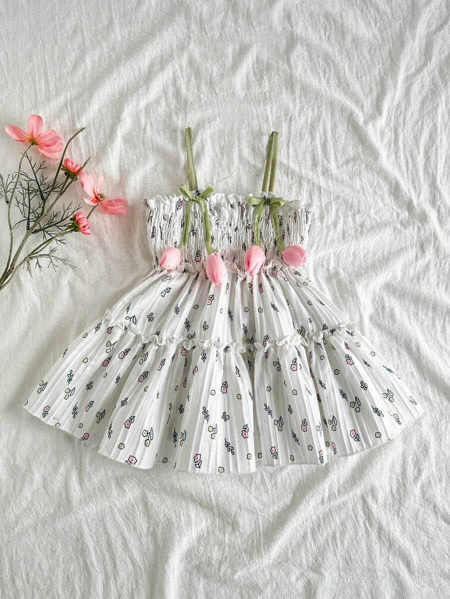 Infant Girls 3D Tulip Ditsy Floral Dress for Summer Vacation
