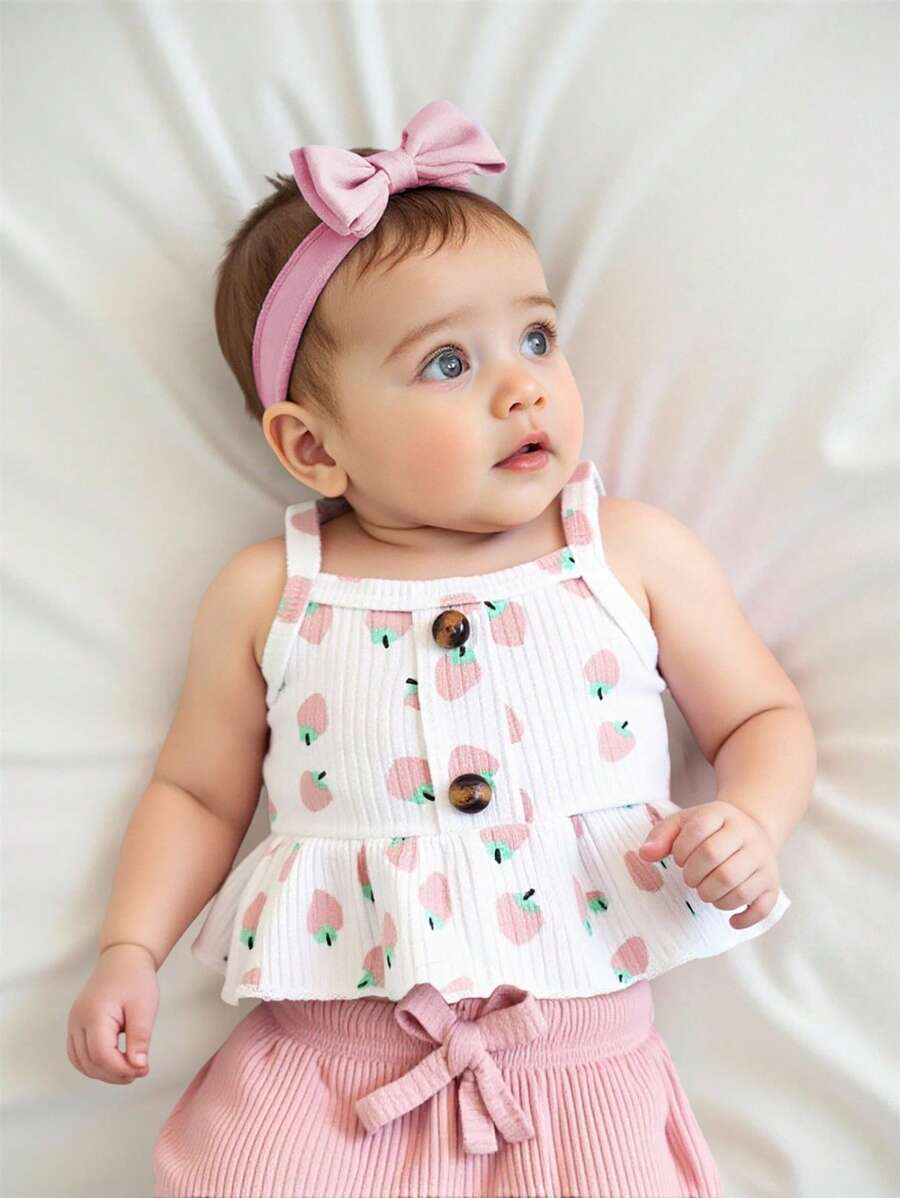 Baby Girl Heart Print Camisole Top and Shorts Set for Cute Summer Daily Wear