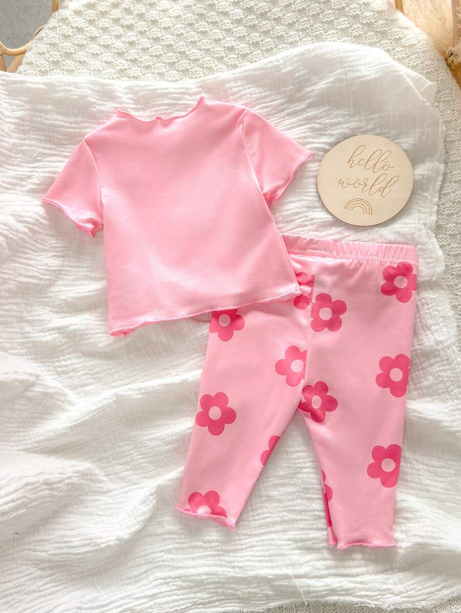 2PCS Baby Daisy Print T-Shirt and Shorts Set for Summer Daily Wear