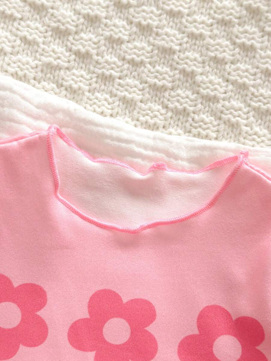 2PCS Baby Daisy Print T-Shirt and Shorts Set for Summer Daily Wear