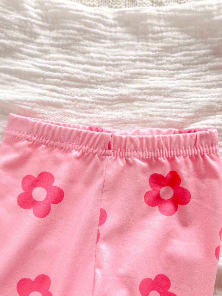 2PCS Baby Daisy Print T-Shirt and Shorts Set for Summer Daily Wear