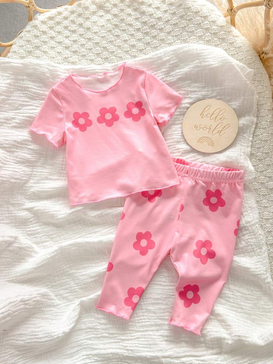 2PCS Baby Daisy Print T-Shirt and Shorts Set for Summer Daily Wear
