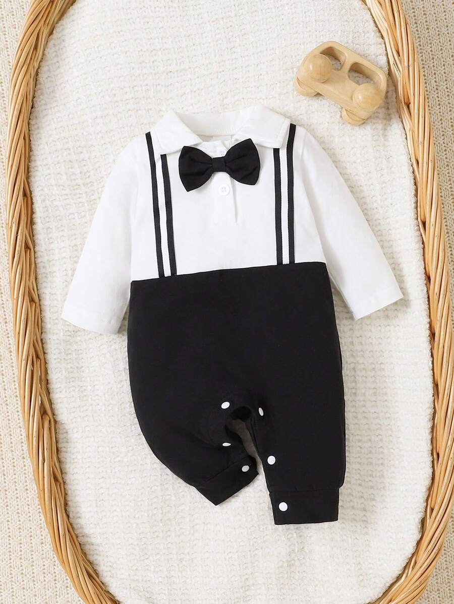 Baby Gentleman Style Front Opening Jumpsuit with Bowknot for Daily Wear and Photoshoots