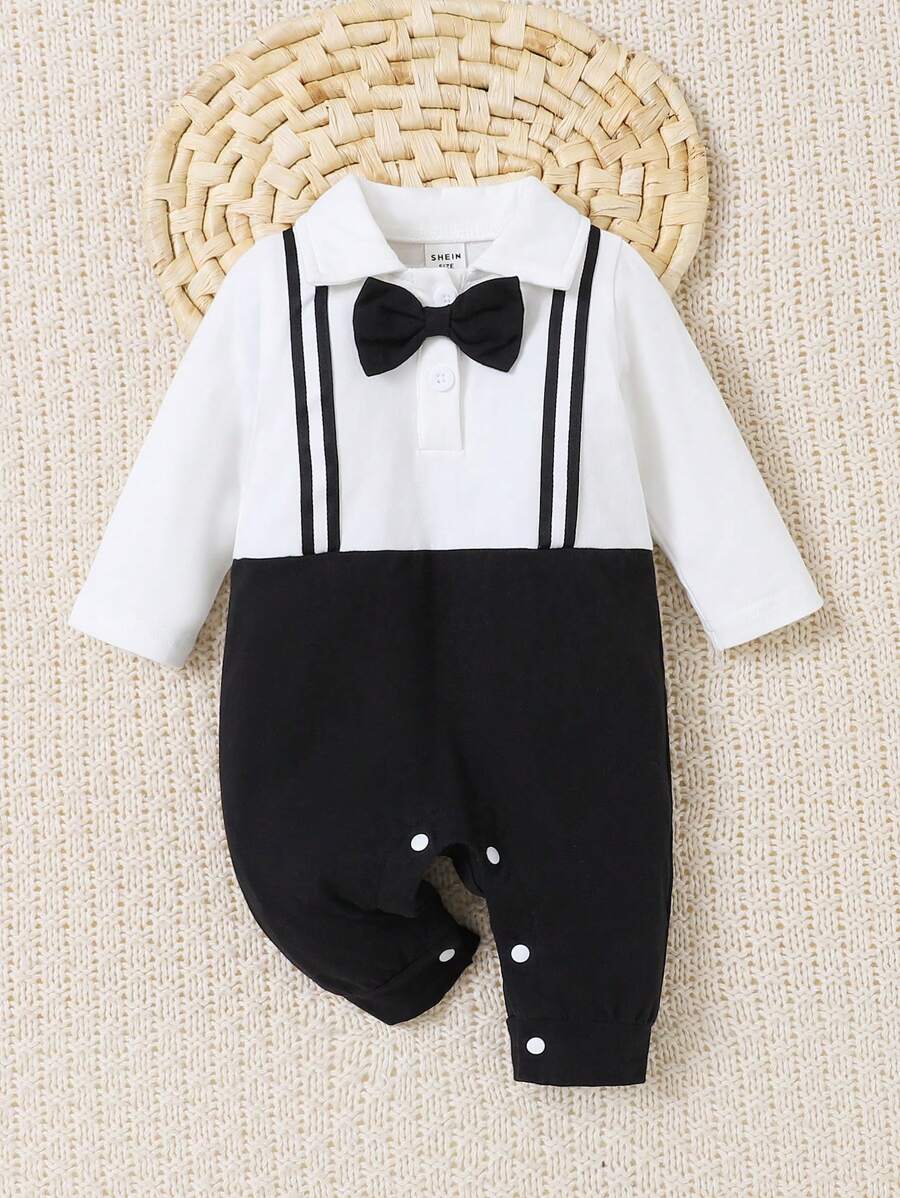 Baby Gentleman Style Front Opening Jumpsuit with Bowknot for Daily Wear and Photoshoots