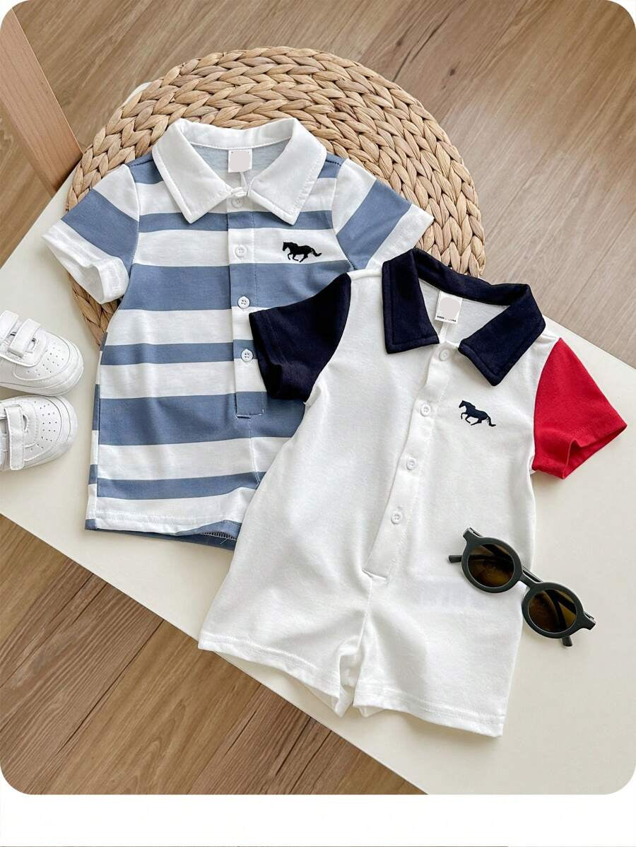 Newborn Baby Striped Polo Collar Short Sleeve Romper 2 Piece Outfit Set for Birthday Party Wedding Baby Shower