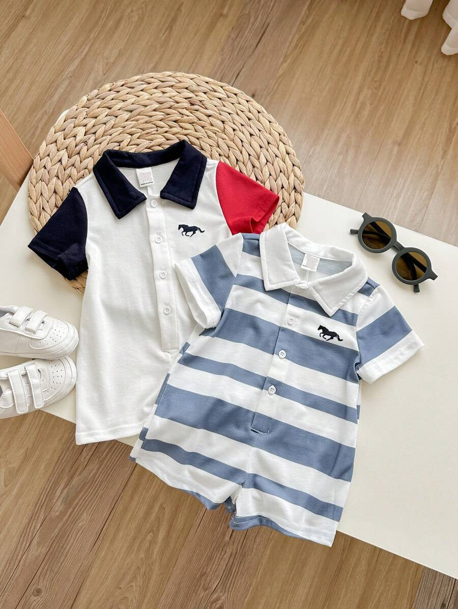 Newborn Baby Striped Polo Collar Short Sleeve Romper 2 Piece Outfit Set for Birthday Party Wedding Baby Shower