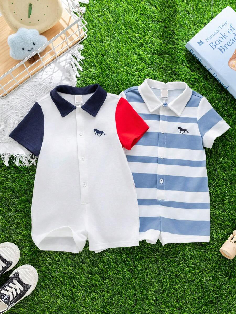 Newborn Baby Striped Polo Collar Short Sleeve Romper 2 Piece Outfit Set for Birthday Party Wedding Baby Shower