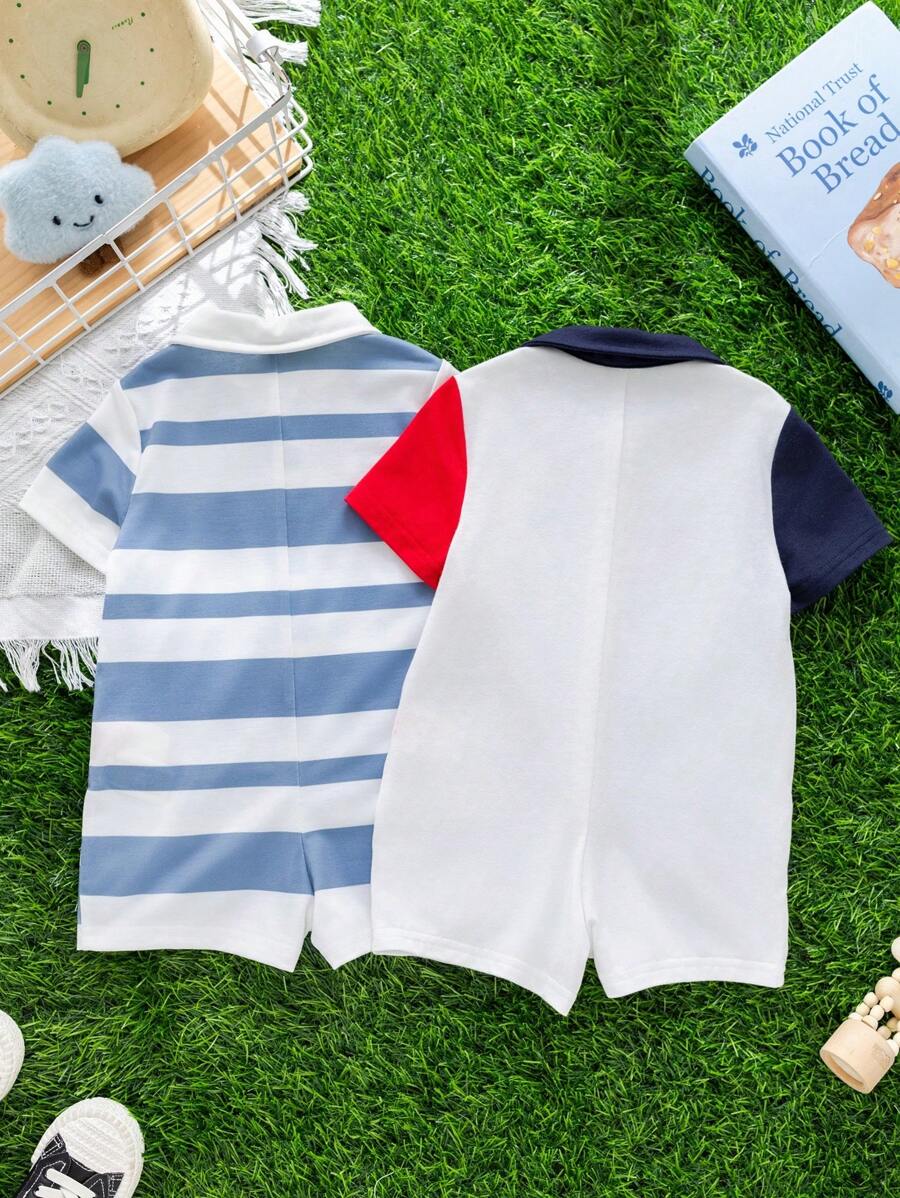 Newborn Baby Striped Polo Collar Short Sleeve Romper 2 Piece Outfit Set for Birthday Party Wedding Baby Shower