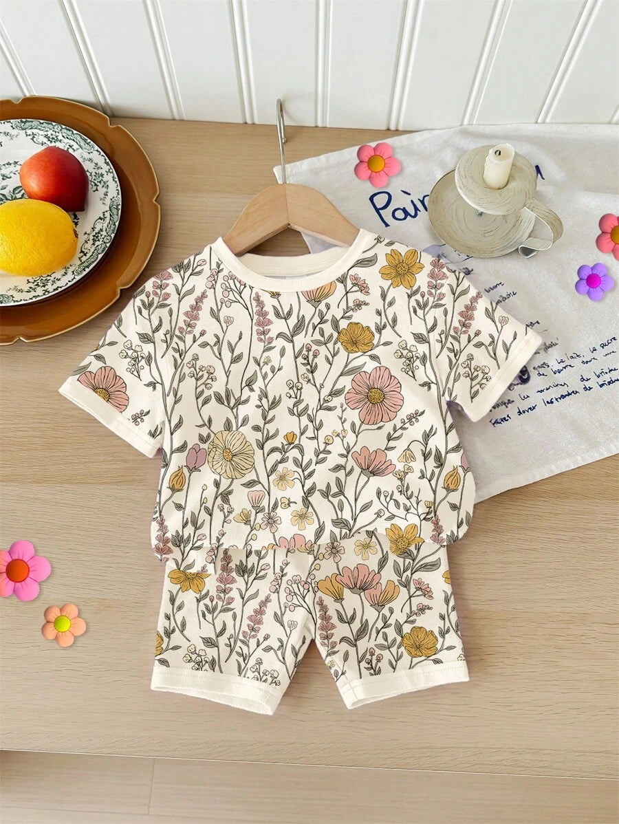 Cute Short Sleeve Clothing Set For Little Girls Flower Print Leggings Style