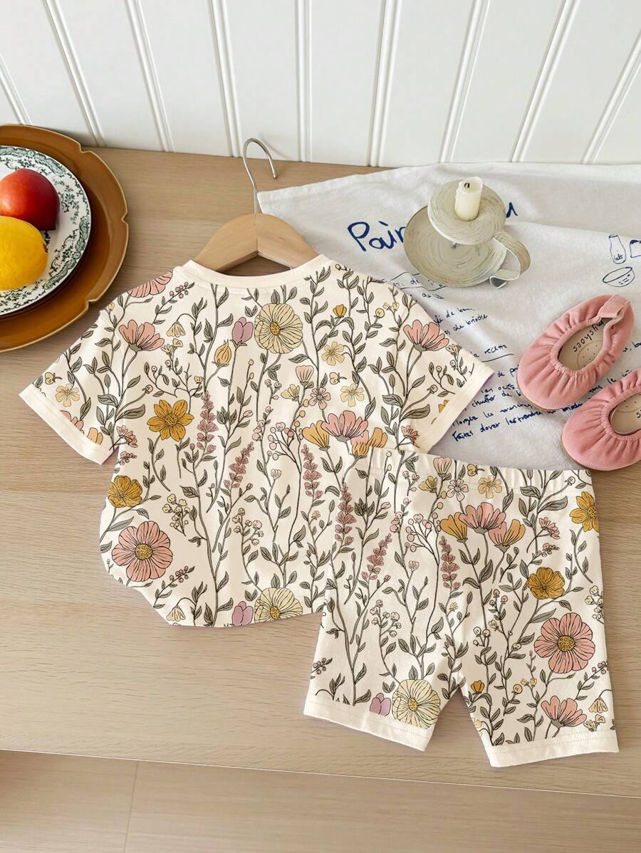 Cute Short Sleeve Clothing Set For Little Girls Flower Print Leggings Style