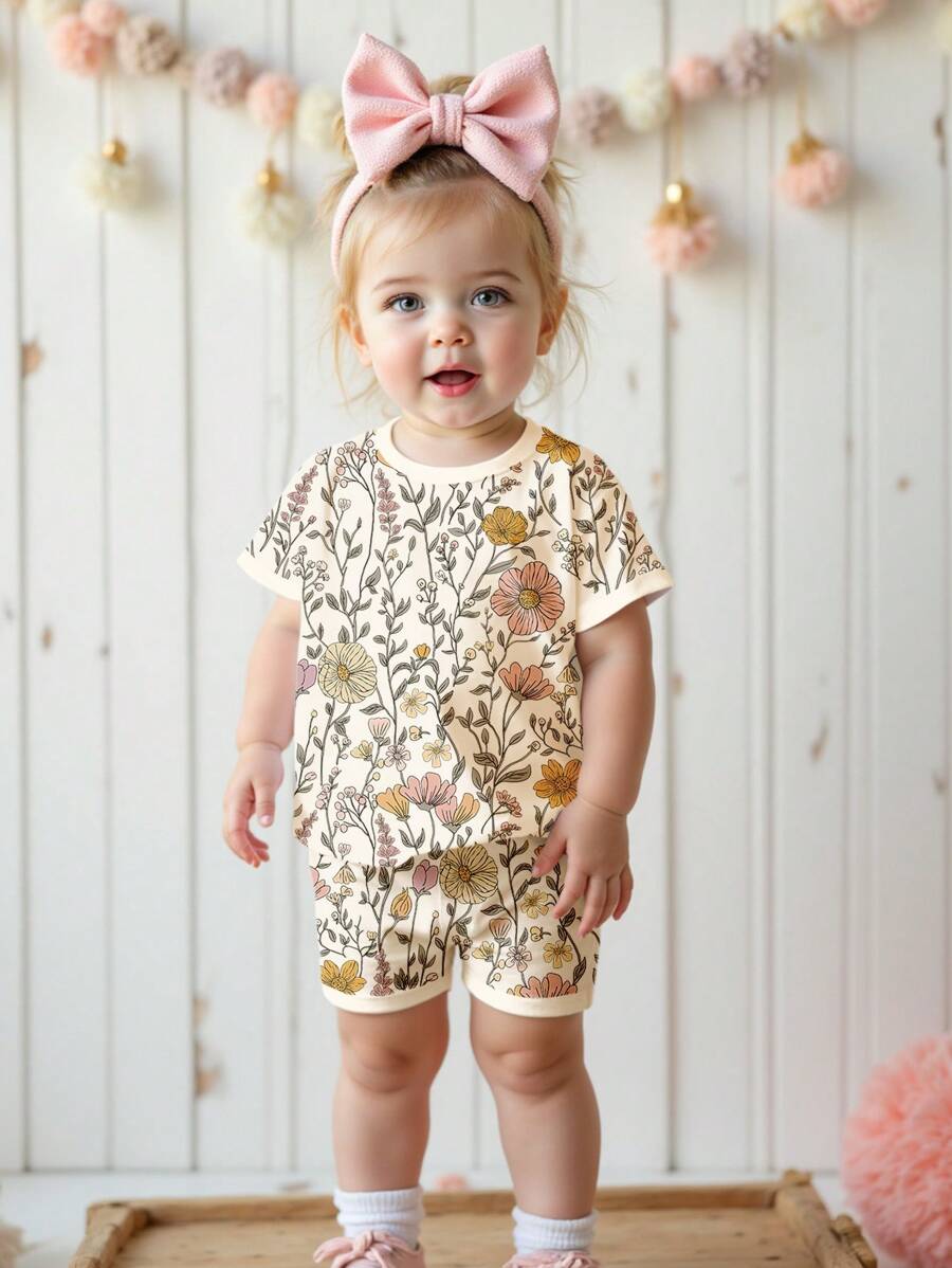 Cute Short Sleeve Clothing Set For Little Girls Flower Print Leggings Style