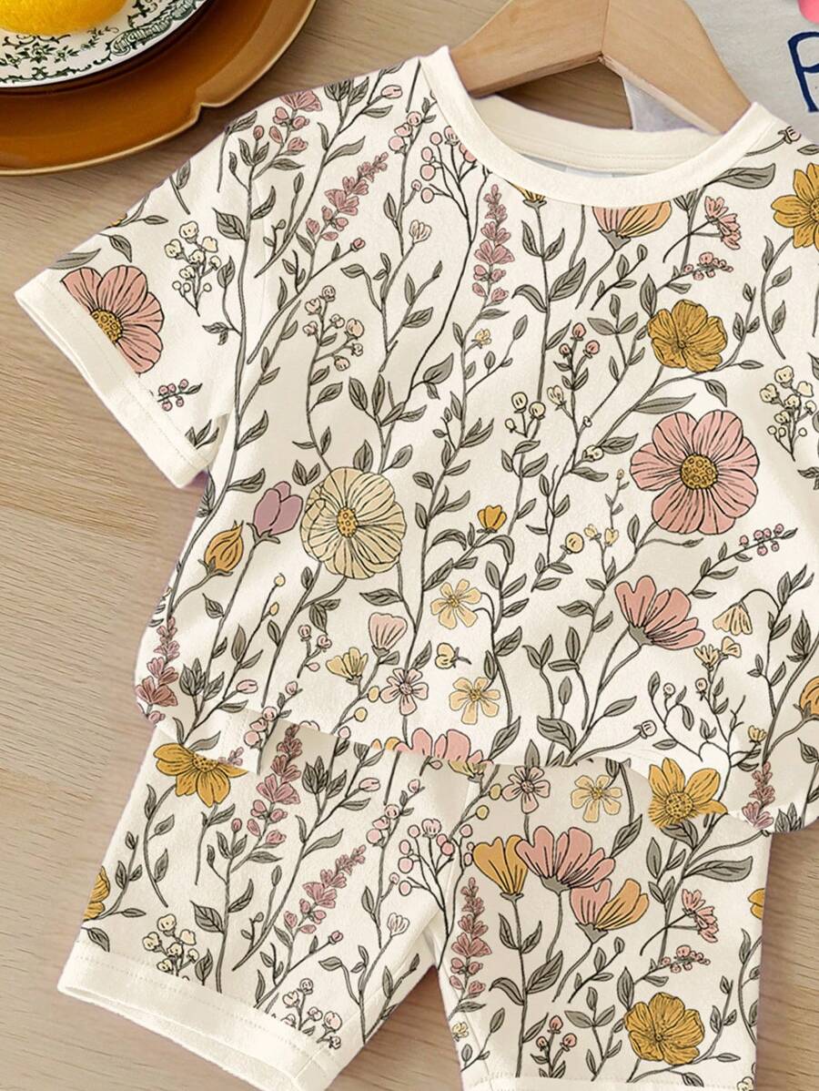 Cute Short Sleeve Clothing Set For Little Girls Flower Print Leggings Style