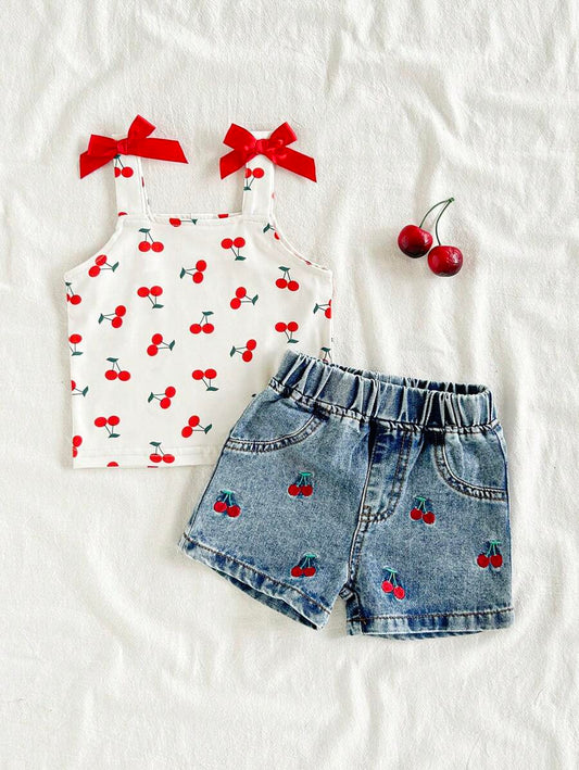 Cute Strap Vest And Shorts Set For Little Girls Cherry Print Clothing