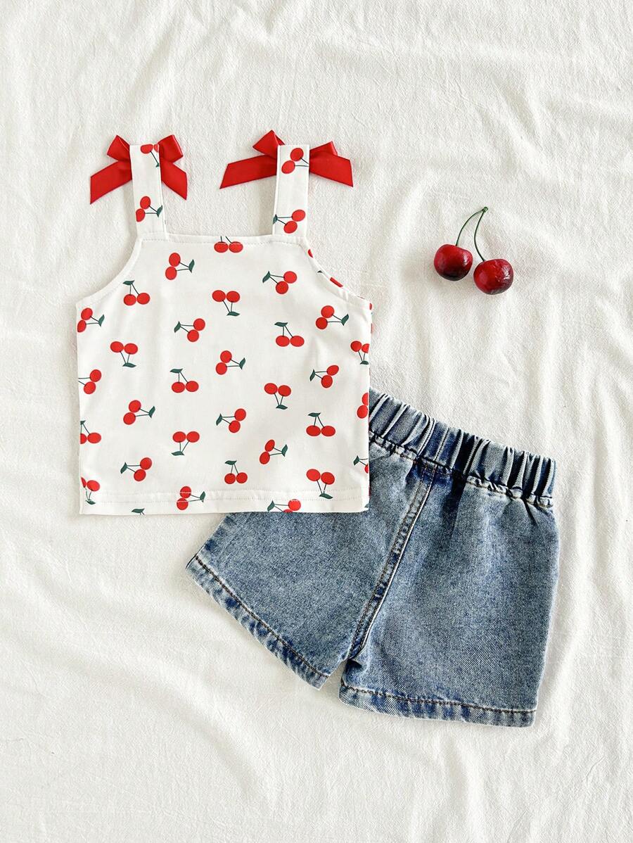 Cute Strap Vest And Shorts Set For Little Girls Cherry Print Clothing