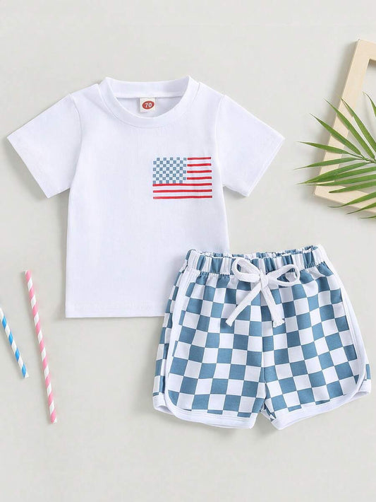 Independence Day Toddler Boys Flag Print T-Shirt & Checkerboard Shorts Set