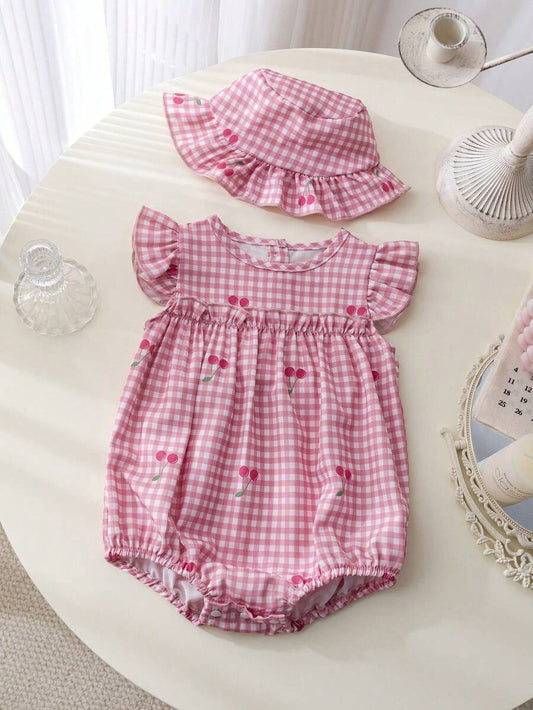 2pcs Sleeveless Baby Girl Bodysuit and Hat Set for Summer Wear
