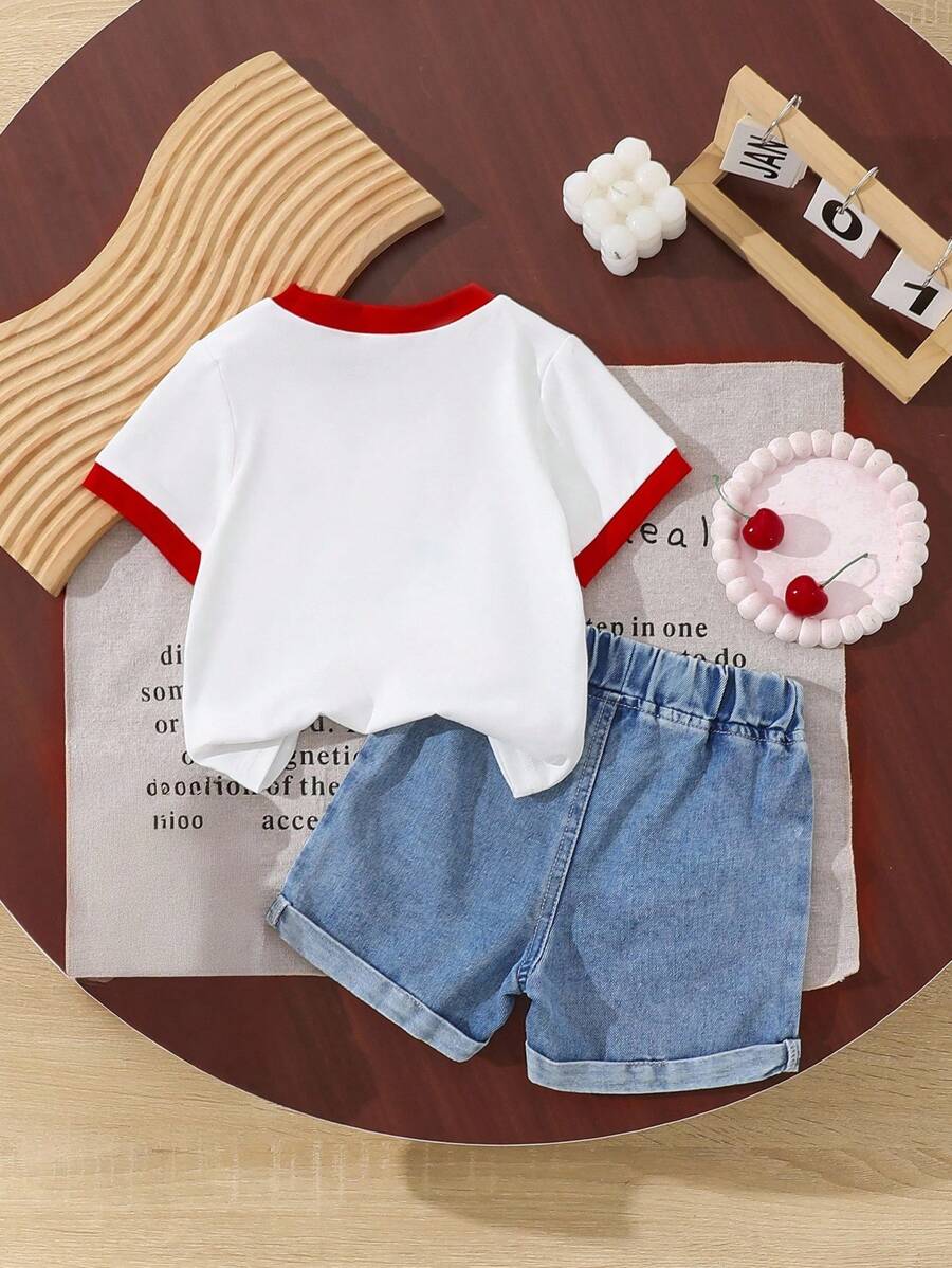 Cherry Print T-Shirt and Embroidery Pattern Contrast Shorts Set for Baby Girls