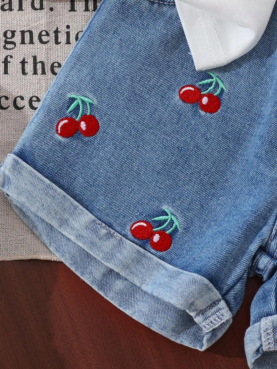 Cherry Print T-Shirt and Embroidery Pattern Contrast Shorts Set for Baby Girls