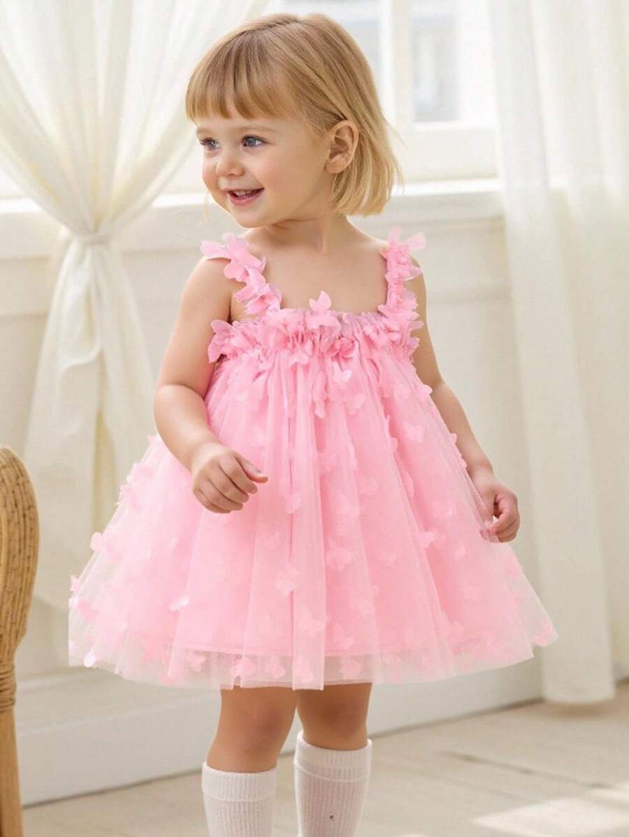 Baby Girl Butterfly Appliques Mesh Overlay Princess Dress for Birthday Party